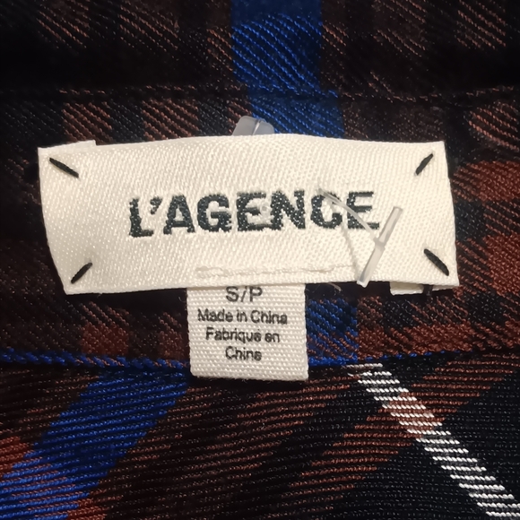 L' AGENCE Denise Plaid Silk S/P Hannel Button Down Shirt Black/ Brown/White - Picture 6 of 14